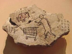 Early man venturing towards the out-of-town hunting grounds This finely preserved example of primitive art dates from the Post-Catatonic era.