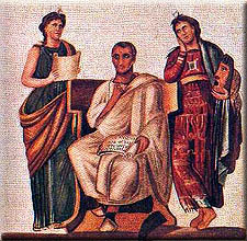 Virgilio flanqueado por las musas Clío y Melpómene, en un mosaico del s. IV, Museo de El Bardo, Túnez