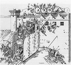 Fig. 28. The Assyrian attack: a reconstruction by Gert le Grange
