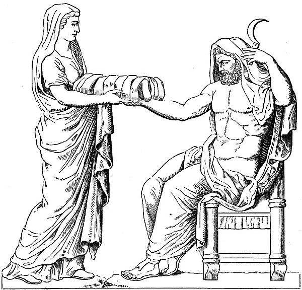 Archivo:Rhéa présentant une pierre emmaillotée à Cronos dessin du bas-relief d'un autel romain.jpg